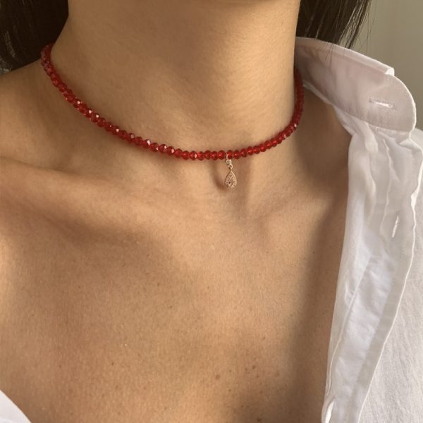 שרשרת חרוזי קריסטל אדומים טיפה ורודה רוזגולד